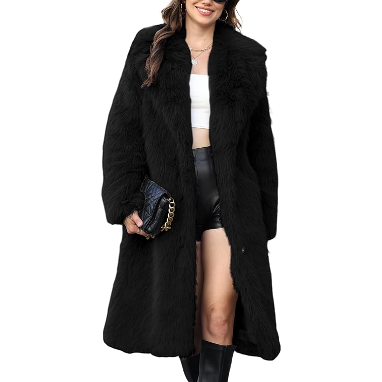 Vickstco Fluffy Black Faux Fur Long Outwear Parka Overcoat Coat